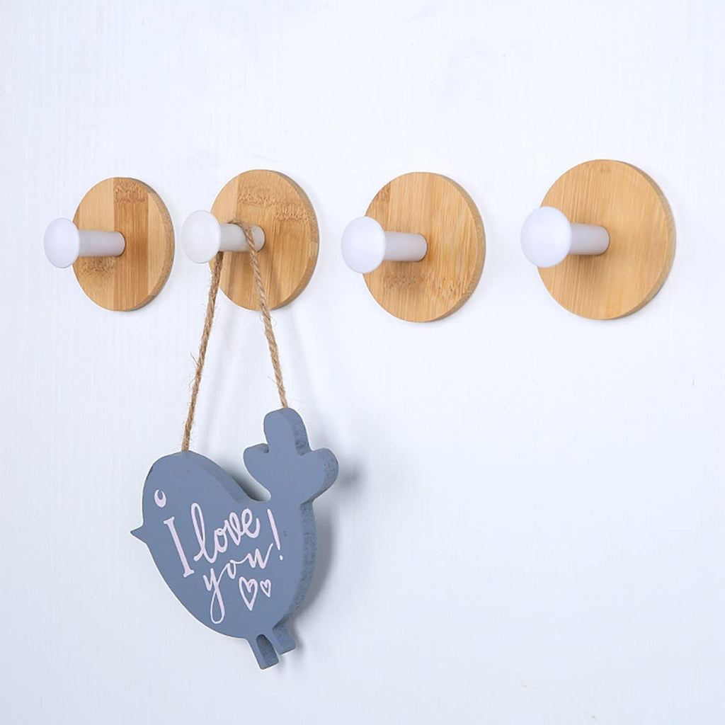 4pack Decorative Wood Wall Hook Coat Hooks for Hanging Adhesive Waterproof Wall Hook Clothes Bag Key Hanger Hook Bedroom Kitchen Bathroom Door Robe Towel Hooks-White