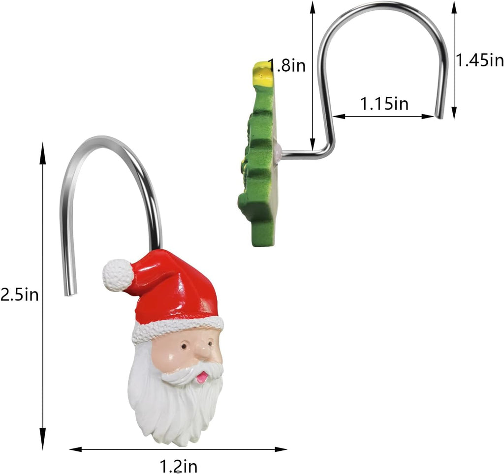 Christmas Home Decorative Shower Curtain Hooks – Set of 12 Rust-Resistant Decorative Rings with Santa, Tree & Stocking Charms, Xmas Bath Curtain Hangers for Holiday Bathroom Decor (Fits Standard Rods)