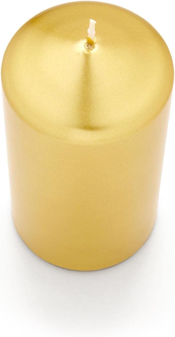 Metallic Cone Top Pillar Candles by Bask - Set of 3-3" x 6" Dripless Unscented Holiday Candles in Metallic Gold for Home Decor, Relaxation & All Occasions