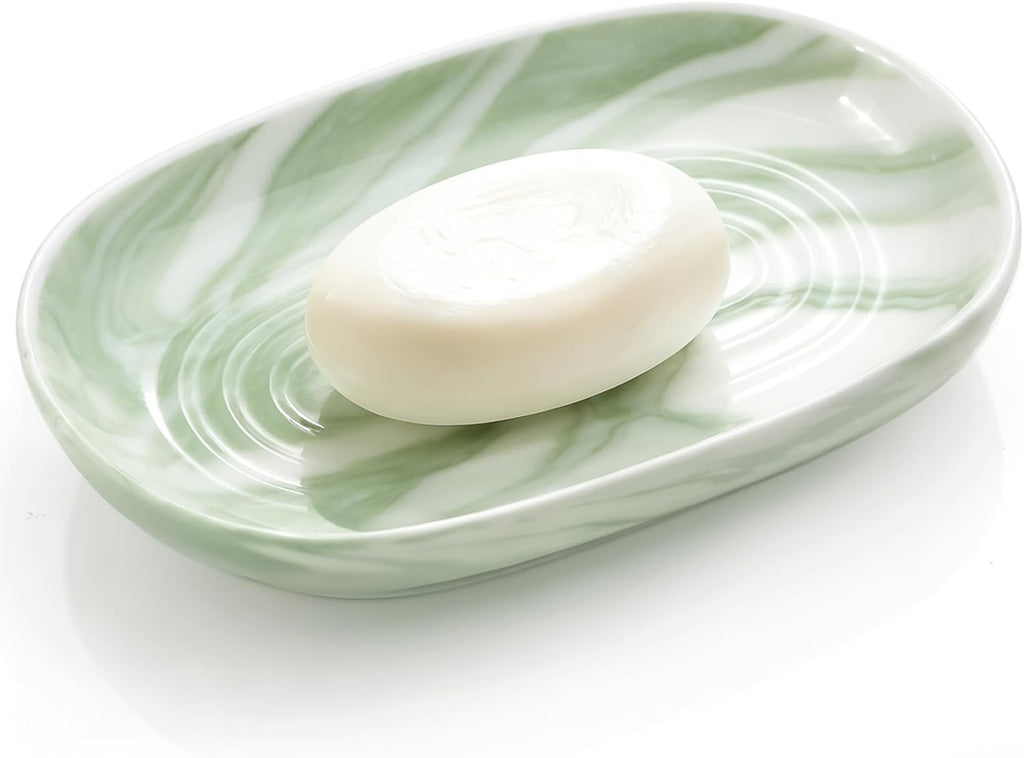 OTHIX Ceramic Soap Dish with Unique Marble Texture, Decorative Bar Soap Holder for Bathroom and Kitchen, Cute Soap Dishes for Bar Soap, Jewelry, Ring (Green Texture)