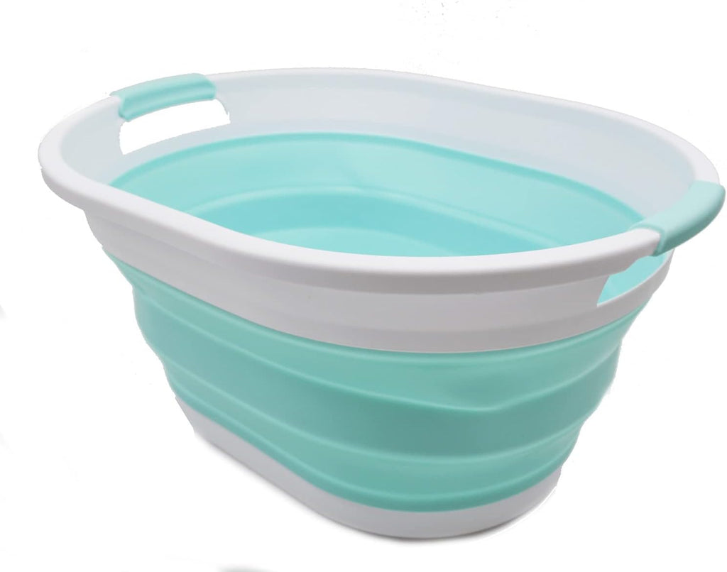 SAMMART 32L (8.4 gallon) Collapsible Plastic Laundry Basket - Foldable Pop Up Storage Container/Organizer - Portable Washing Tub, Water Capacity: 24L (1, White/Lake Green)