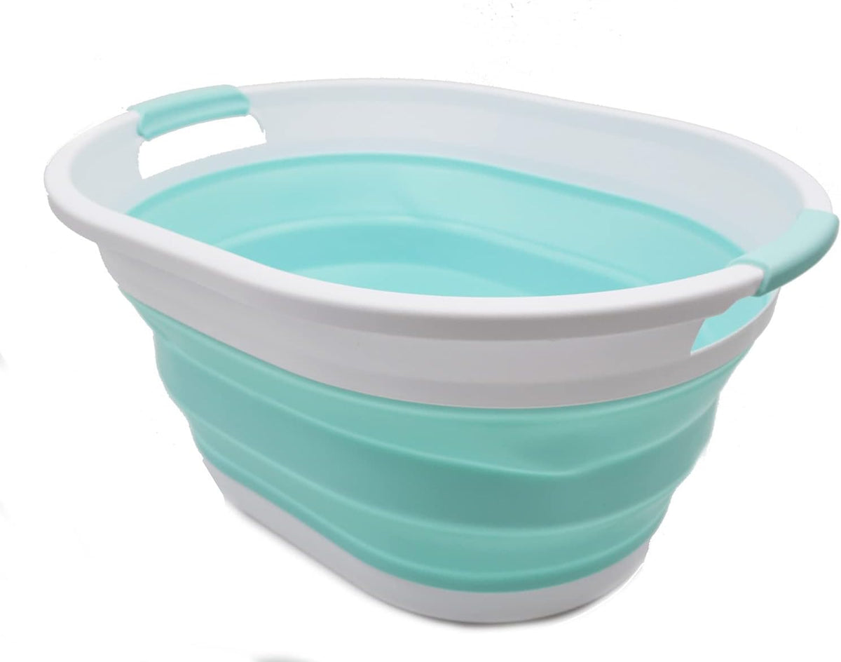 SAMMART 32L (8.4 gallon) Collapsible Plastic Laundry Basket - Foldable Pop Up Storage Container/Organizer - Portable Washing Tub, Water Capacity: 24L (1, White/Lake Green)