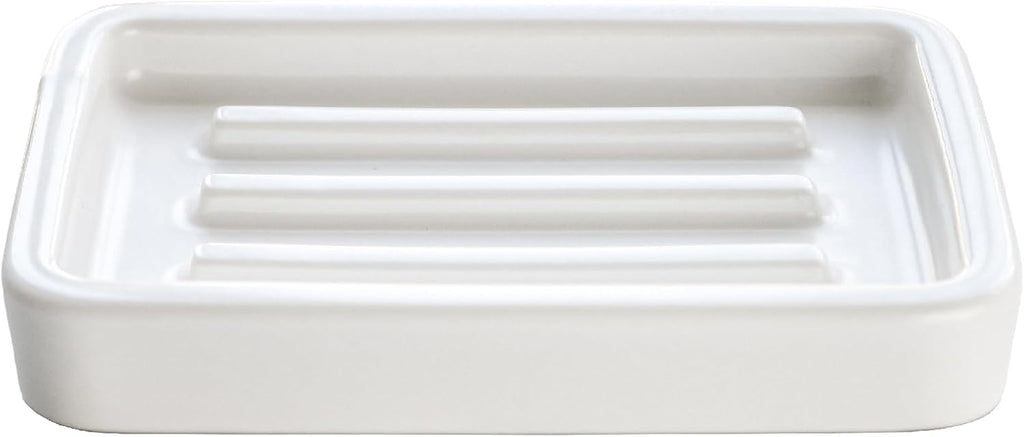 Matte Ceramic Soap Dish with Raised Ridges, Rectangle Bar Soap Holder for Bathroom Counter, Shower and Kitchen Sink, White
