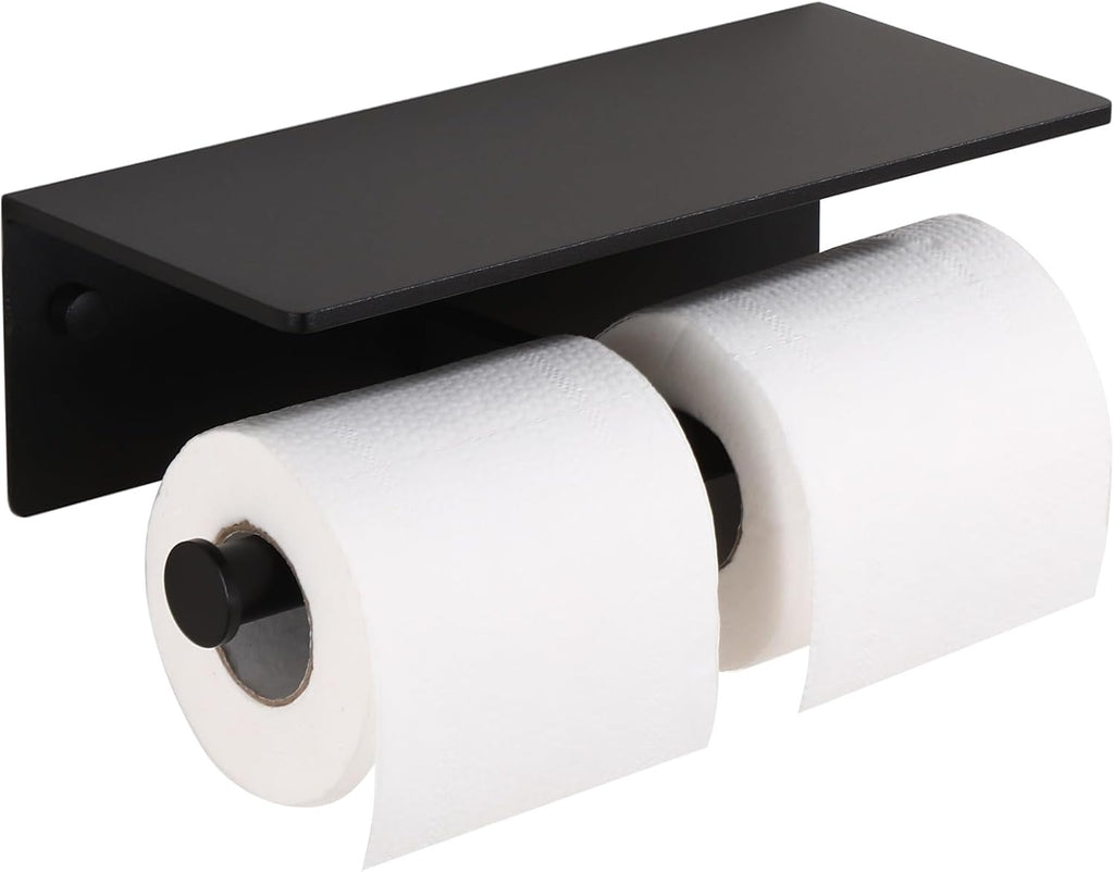Toilet Paper Holder - Double Rolls Toilet Tissue Holder with Phone Shelf for Bathroom - TP Roll Holder with Wipes Storage, Wall Mounted by Adhesive Pad No Drilling or Screw - Matte Black