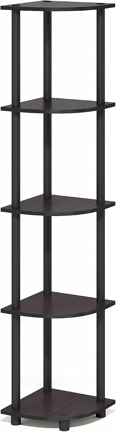 Furinno Turn-N-Tube Corner Shelf, 5-Tier Corner Bookshelf, Open Storage Shelves, for Organization and Storage, Living Room, Home Office, Garage, Bedroom, Dark Mocha