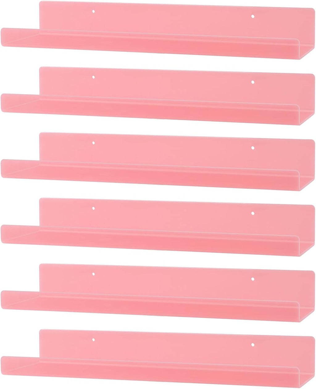 Dezzer 6 Pack Acrylic Shelves for Wall, 15" Acrylic Floating Shelves for Bathroom Bedroom, Invisible Bookshelf Wall Ledge Storage Shelf Books Perfume Toys Action Figure Display Shelves, Pink
