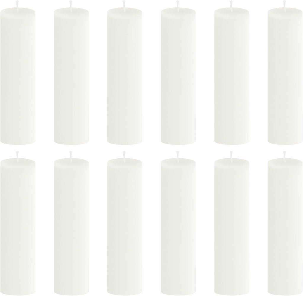 12 Pack 2 x 8 Inch Unscented White Pillar Candles, Dripless Smokeless Clean Burning Cylinder Candles for Wedding, Home Decor, Church & Emergency Lighting