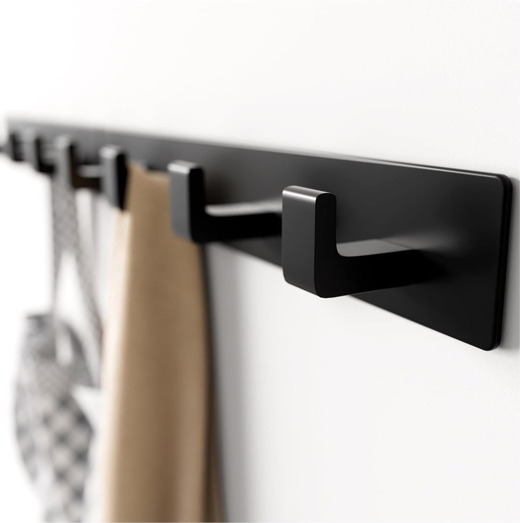 Black Coat Rack Wall Mount - 12.5" Rail with 4 Right-Angle Hooks(2 Pack)