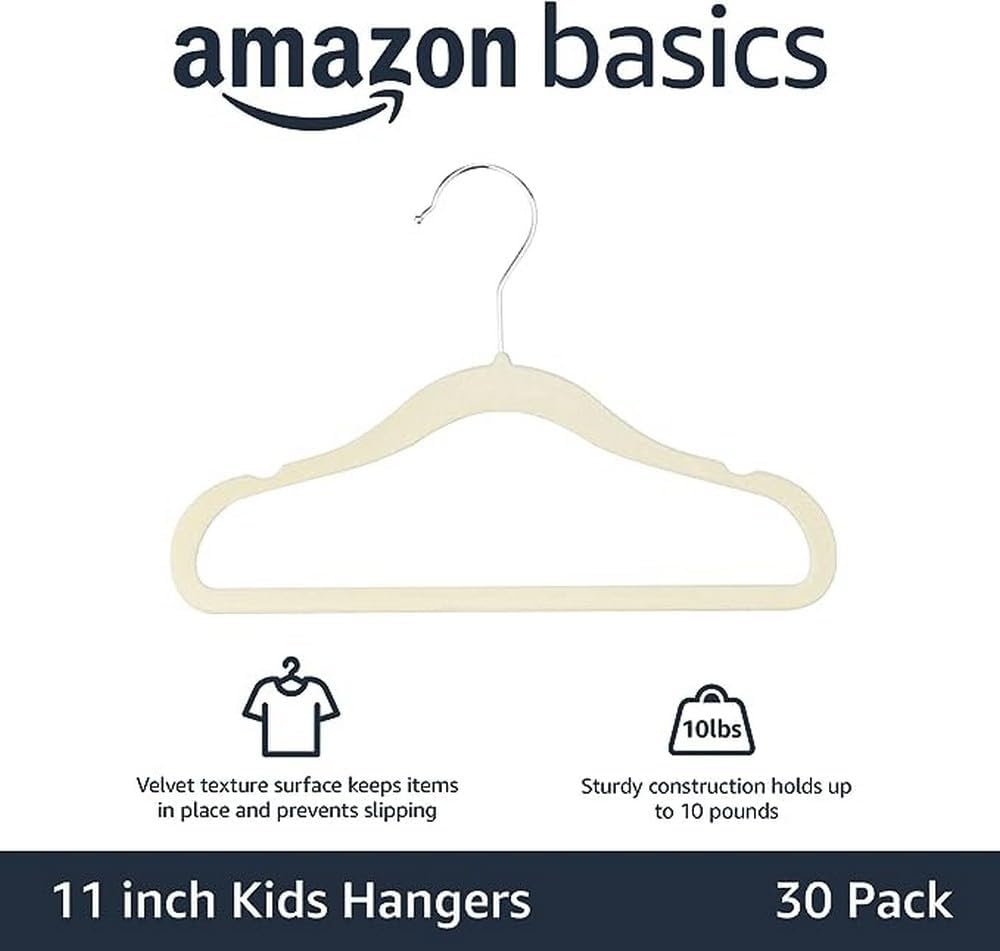 Amazon Basics Kids Space Saving Velvet Non-Slip Clothes Hangers with Shoulder Notches, Sturdy Construction for Closet Organization, 11.6", Beige, 30-Pack