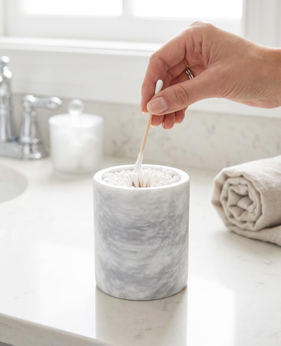 Marble Q-Tip Holder for Bathroom, White 4" Cotton Swab Canister