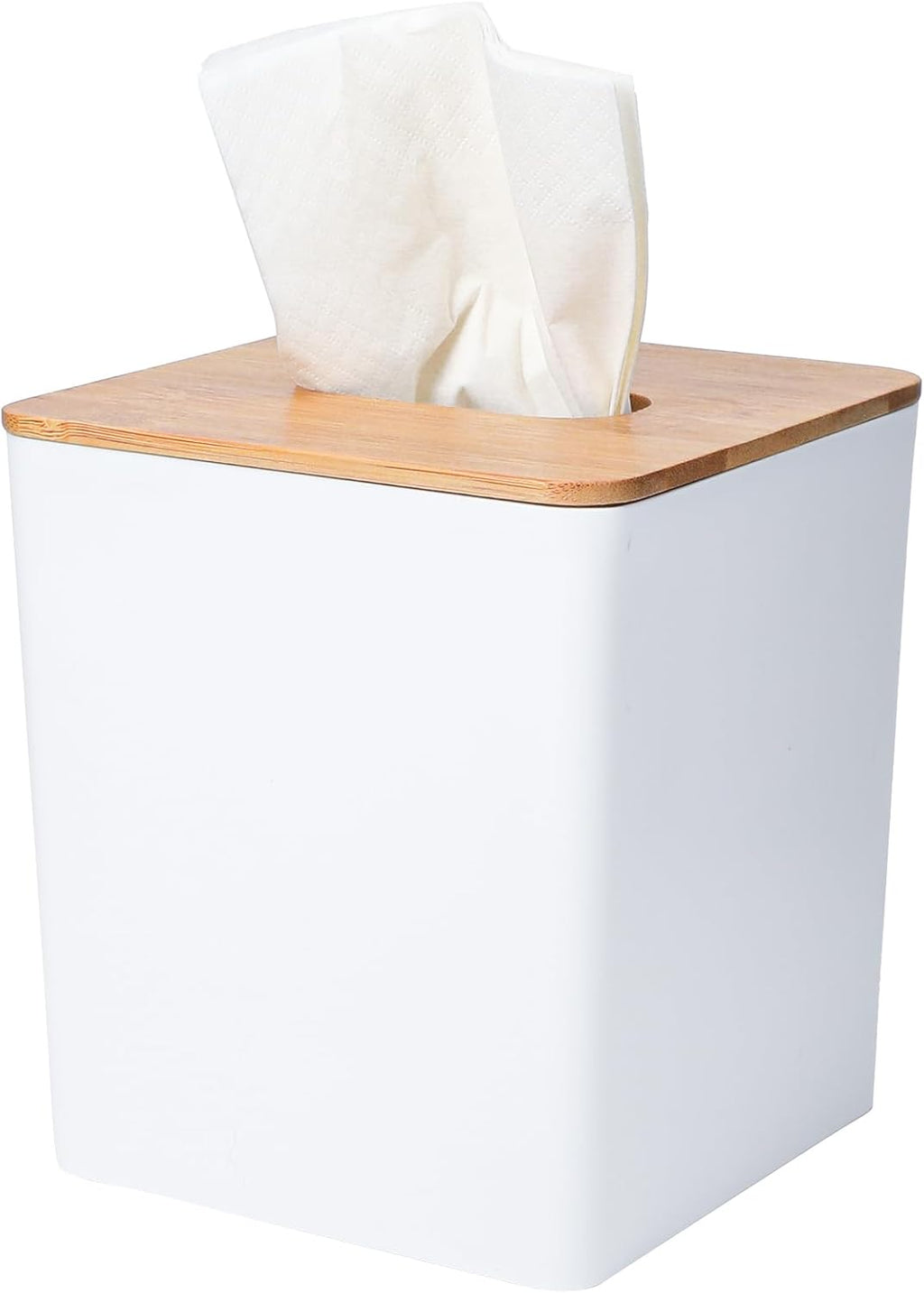 Tissue Box Cover Square, White, with Bamboo Lid, 1 Pack