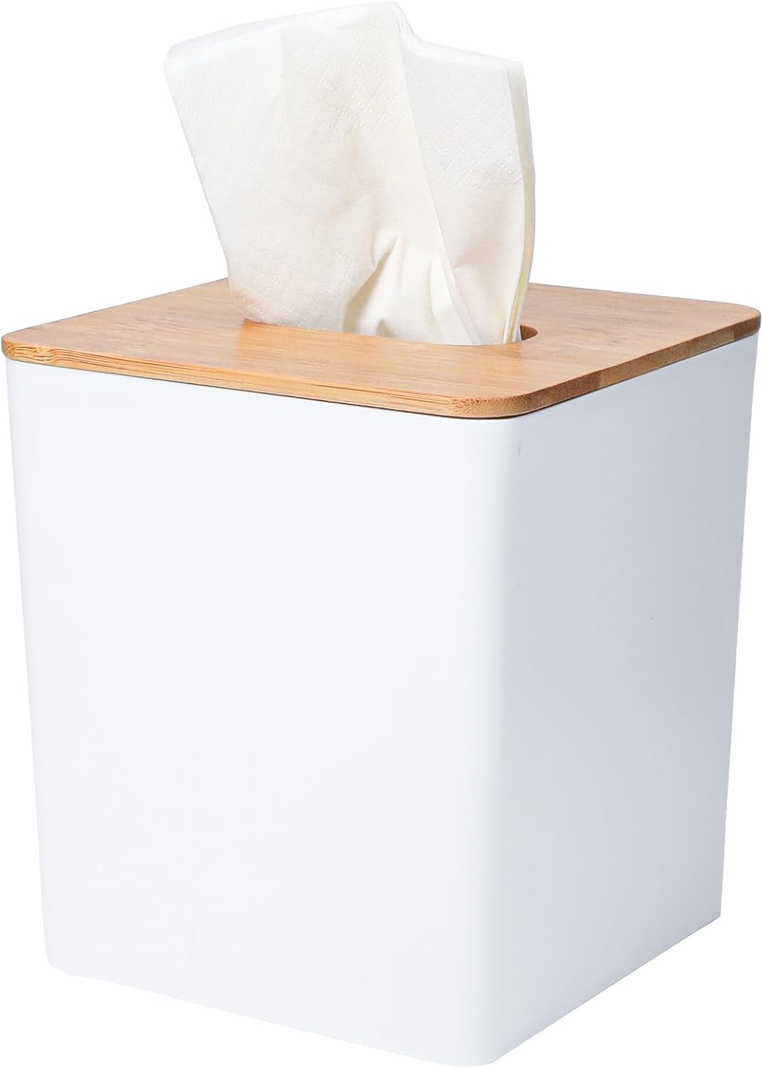 Tissue Box Cover Square, White, with Bamboo Lid, 1 Pack