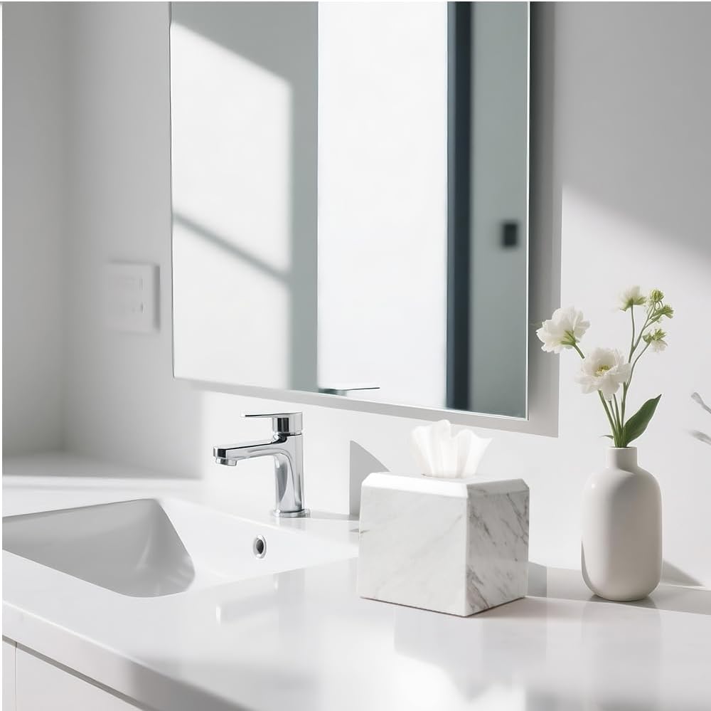 Tissue Box Cover Italy Natural Marble Heavy Duty Square Facial Toilet Paper Holder for Bathroom Living Room Bedroom Dresser Vanity Kitchen Minimalistic Office Home Decor Jazz White (WH014)