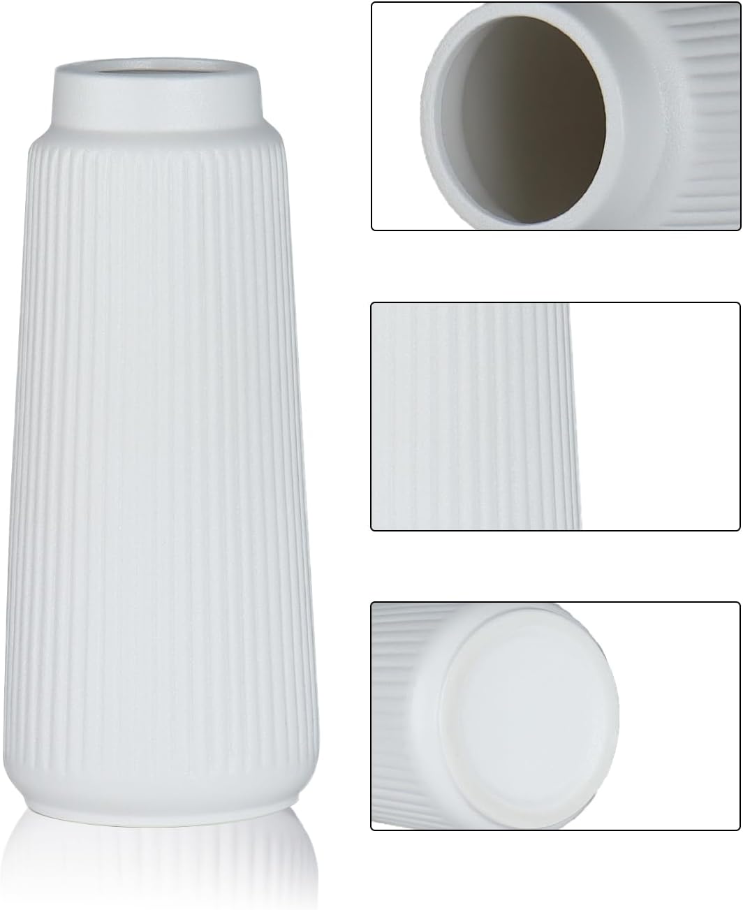 vensovo 8 Inch Glossy White Ceramic Vase, Conical Ribbed Flower Vase
