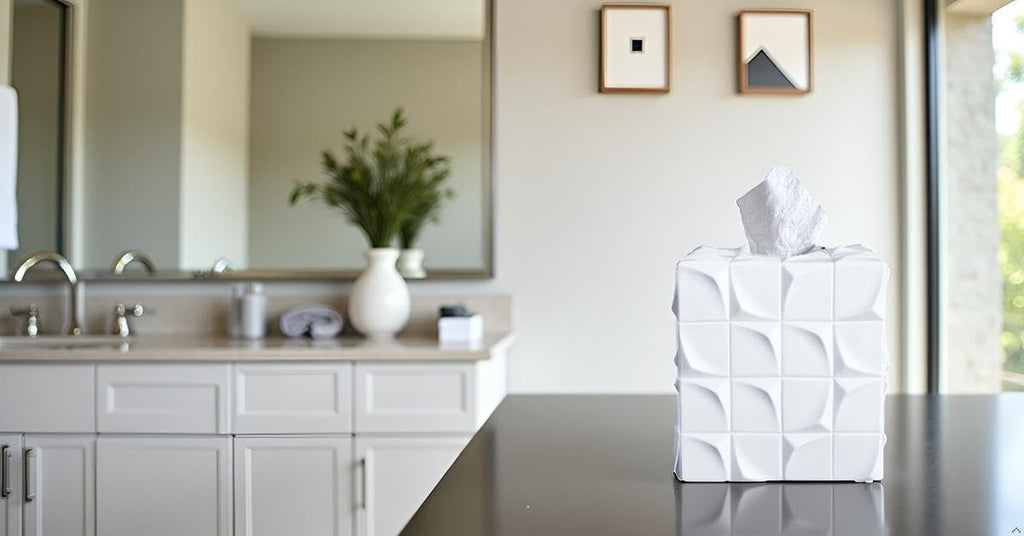 Square Tissue Box Cover Decorative Kleenex Box Holder for Bathroom & Living Room with Handcrafted Texture (White)