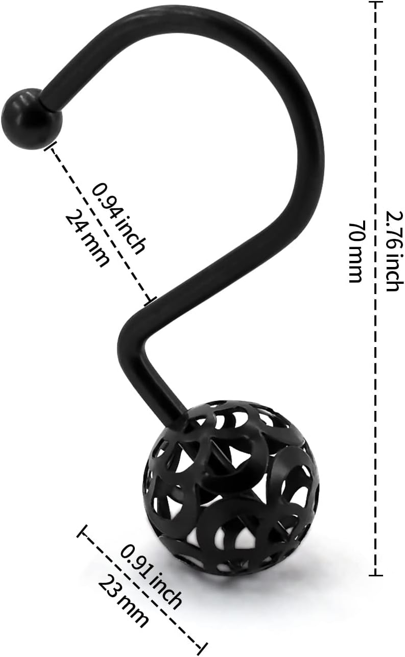 MitoVilla 24 Pcs Set Black Shower Curtain Hooks, Metal Shower Hooks for Shower Curtain & Liner, Hollow Ball Rust Proof Shower Rings for Curtain Accessories and Bathroom Shower Rod