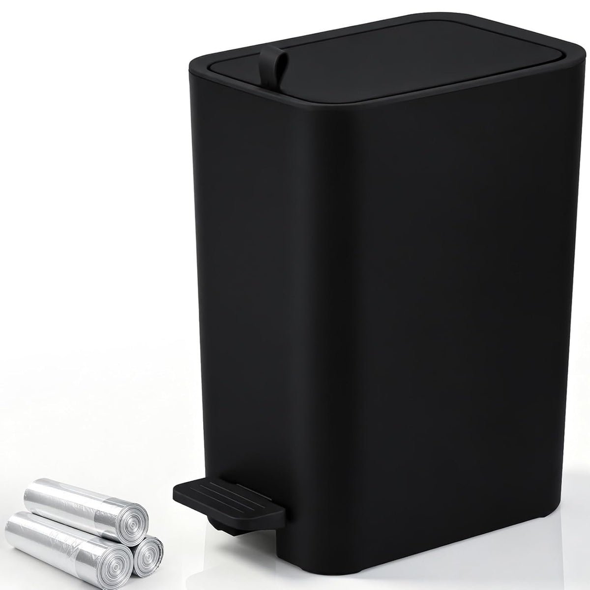 Small Bathroom Trash Can with Lid, Slim Garbage Can, 2.1 Gallon, Black