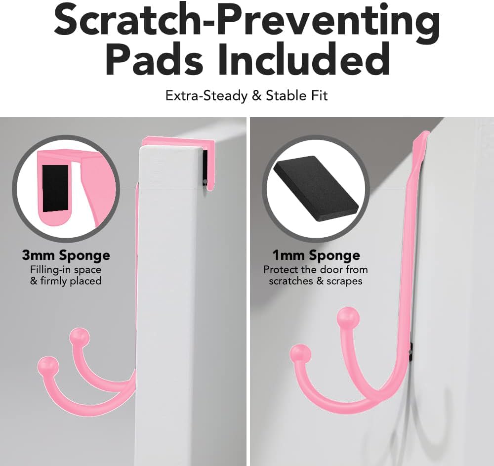 2-Pack Over The Door Hooks - with 2 Hang Heads & Snug Fit Pads Heavy Duty Hook for Hanging Coats, Towels, Caps & Robes - Elegant Matt Finish - No Drill Hanger Organizer - Pink