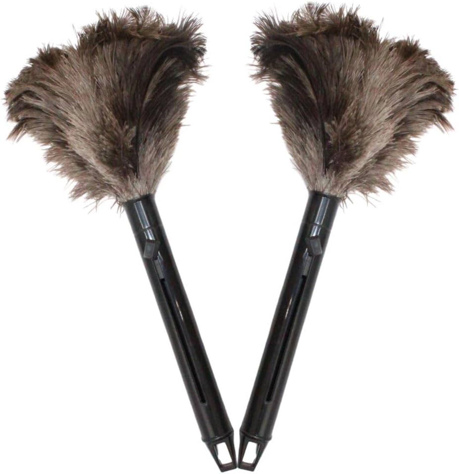 Retractable Feather Duster 8-14 in Adjustable - Natural Ostrich Feather Duster for Cleaning Ceiling Fans, Blinds, Plantation Shutters, Walls & Furniture - Quality Checked in USA - 2 Pack