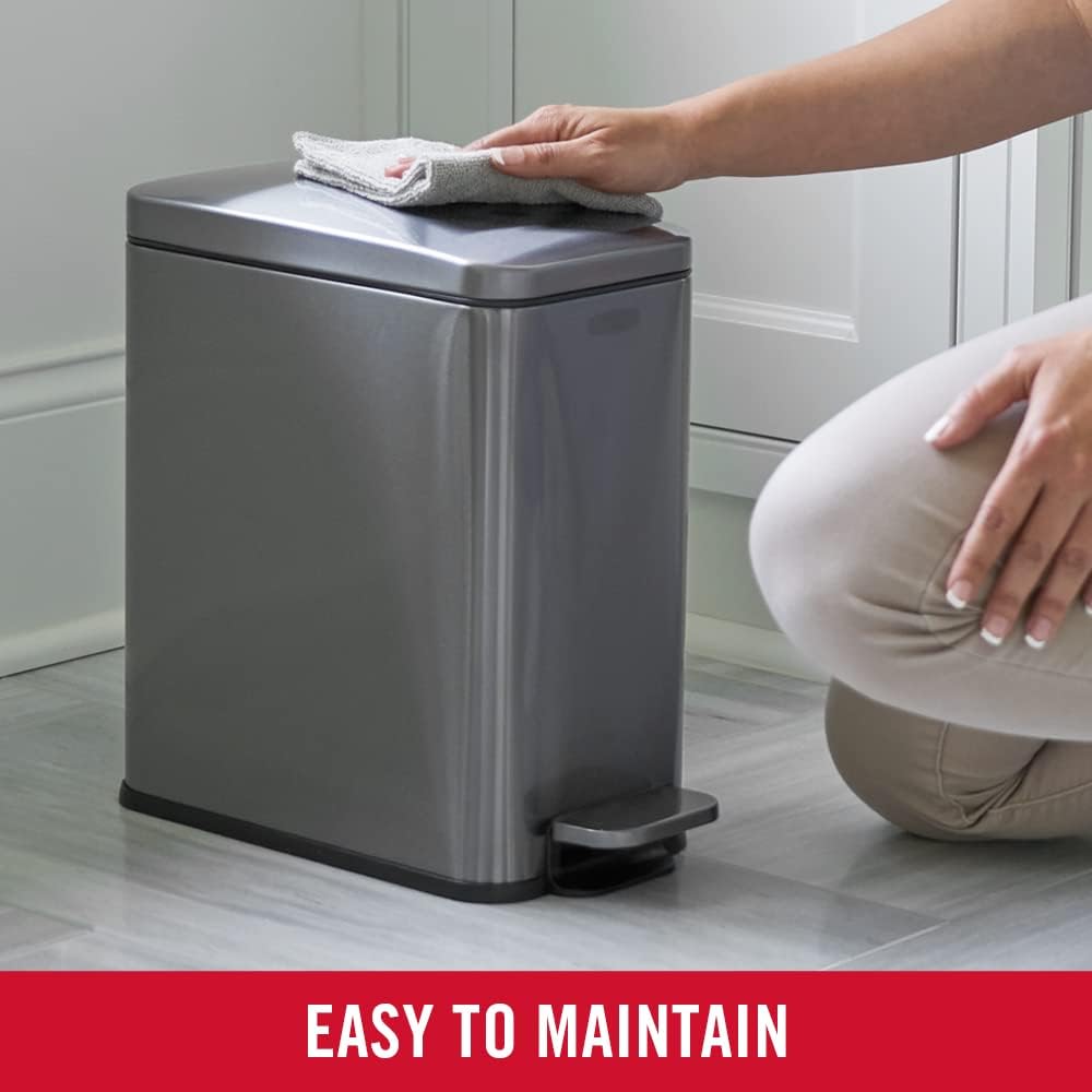 Rubbermaid Charcoal Stainless Steel Slim Step-On Trash Can, 2.6-Gallon, With Lid for Home/Bathroom/Kitchen