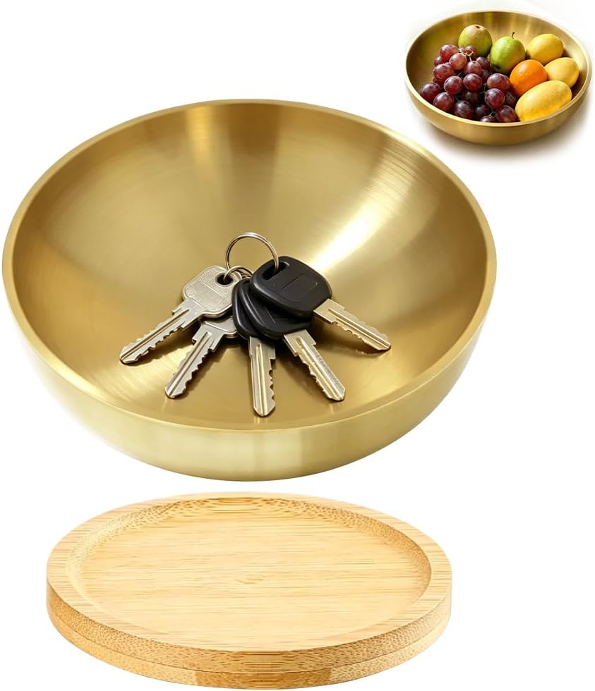 Key Bowl For Entryway Table Key Bowl Catch All Vowl Gold Fruit Bowl, Perfect For Kitchen Countertops And Coffee Tables 7.4 Inches In Diameter Comes With An Elegant Wooden Coaster