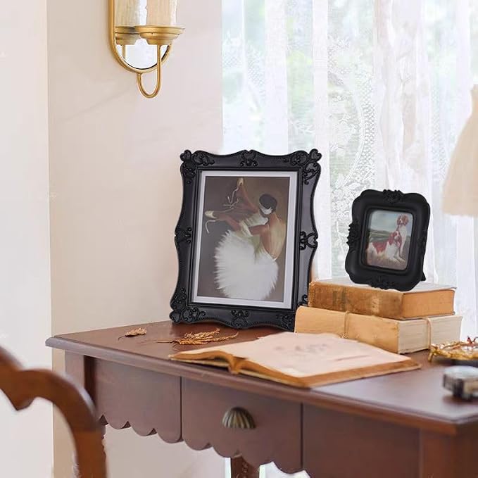 Vintage Picture Frame,Antique Style,Old-Fashioned,Square/Oblong Shape,Floral ReliefWall and Tabletop Victorian Frame,Gothic Look(Black, 5X7)