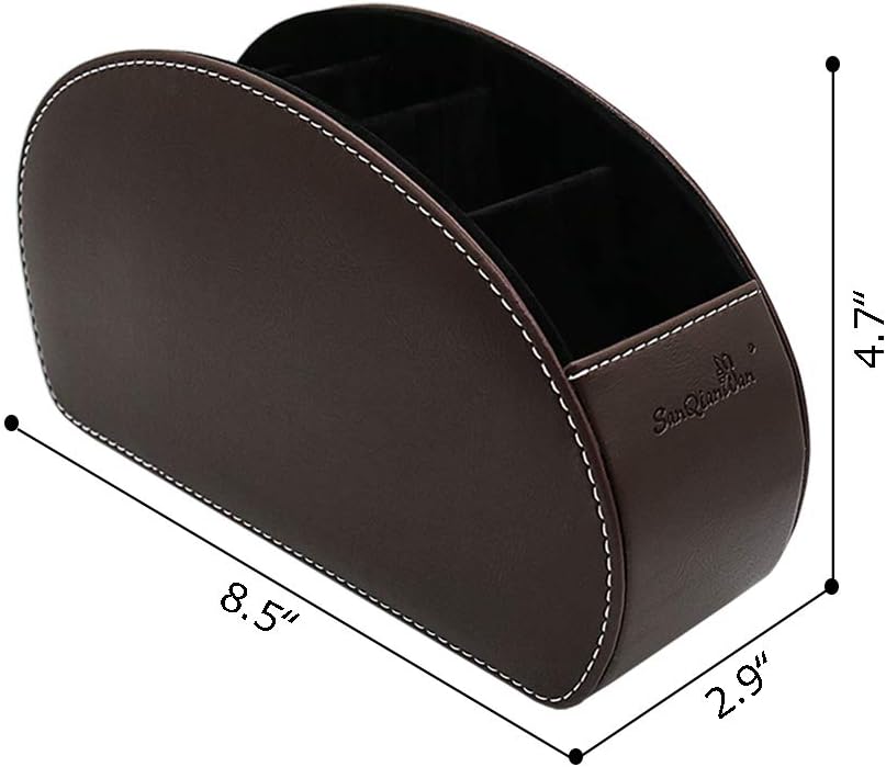 Remote Control Holder Organizer with Metal Bottom Stable Table Desk Leather Control Storage TV Remote Control Organizer with 5 Spacious Compartments (Brown with Metal Bottom)