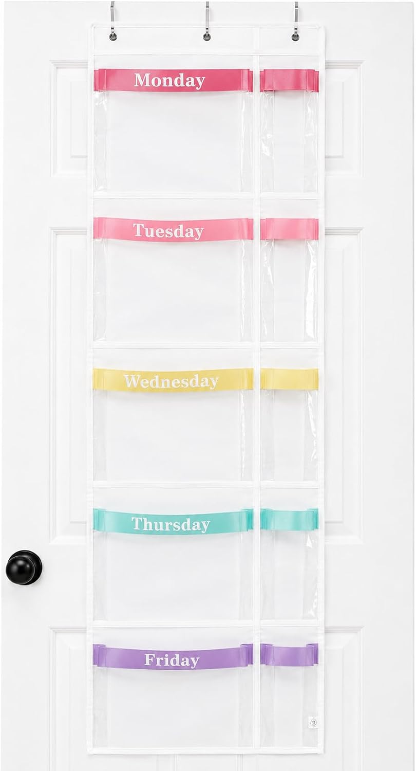 Over the Door Weekly Clothes Organizer for Kids, Days of the Week (Rainbow)