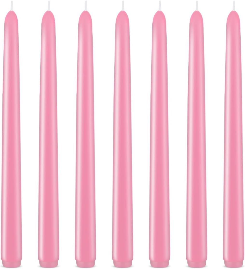 Set of 7 Pink Colored Taper Candles, Unscented Skinny 10 Inch Tall Wax Candlesticks for Home Party Wedding Table Decoration