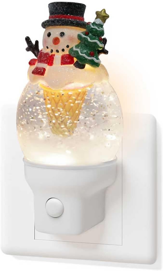 Christmas Snowman Night Light Plug into Wall Swirling Glitter USB Portable Christmas Decorative Night Light Decoration for Bedroom Kitchen Living Room Holiday Decor (Snowman Cookie Cone)