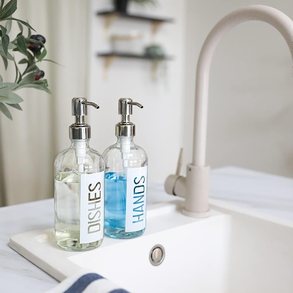 JASAI 2Pack 18OZ Glass Soap Dispenser with Hands & Dishes Printed Label.
