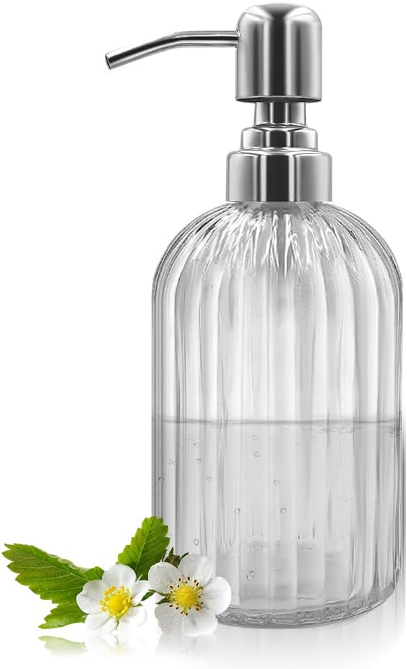 14 Oz Glass Soap Dispenser with 304 Rust Proof Stainless Steel Pump, Refillable Hand Liquid Soap Dispenser for Bathroom, Kitchen, Countertop, Laundry Room (White)