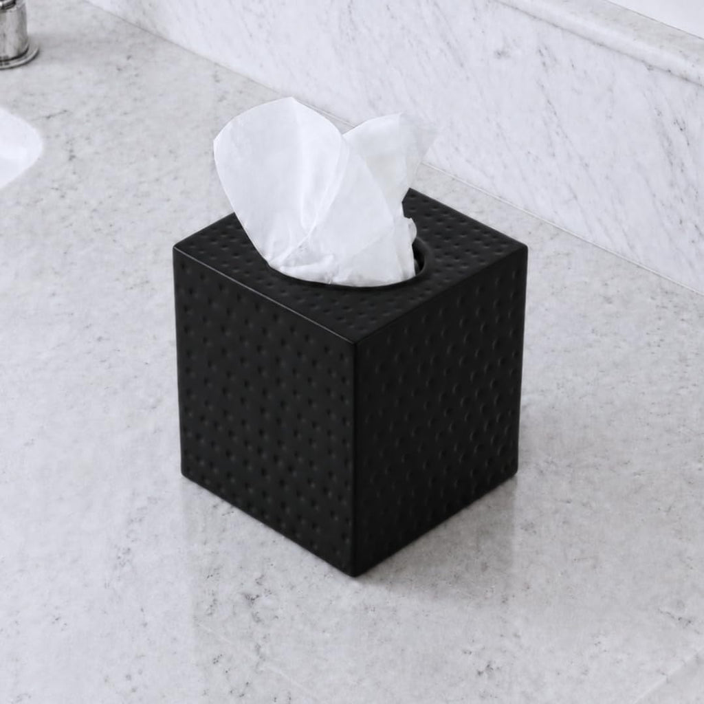 Monarch Abode Tissue Box Cover Square – Hand Hammered Black Metal Tissue Holder Box for Bathroom Accessory, Aesthetic Decorative Facial Napkin Cube for Modern Home Decor