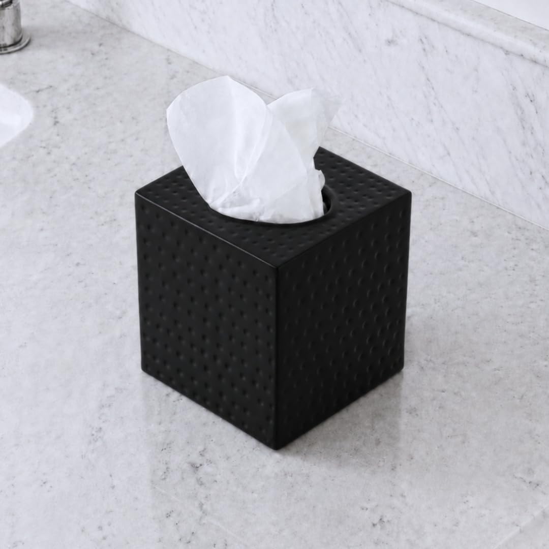 Monarch Abode Tissue Box Cover Square – Hand Hammered Black Metal Tissue Holder Box for Bathroom Accessory, Aesthetic Decorative Facial Napkin Cube for Modern Home Decor