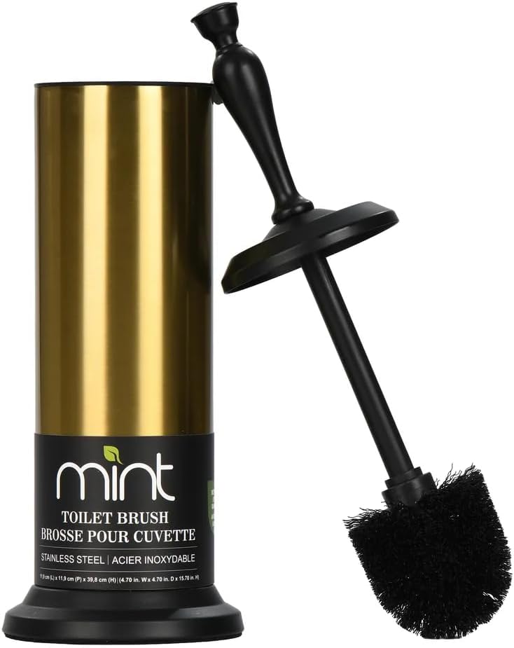 J&V TEXTILES Toilet Brush, Toilet Bowl Brush with Extra Long Handle Durable Bristles Toilet Scrubber and Covered Holder for Toilet Brush Set for Bathroom Cleaning (Aged Brass/Matte Black)