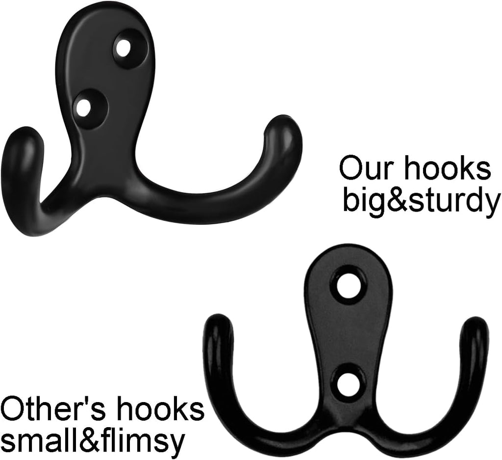 IBosins 8 Pack Black Double Prong Coat Hooks Wall Mounted with 16 Screws