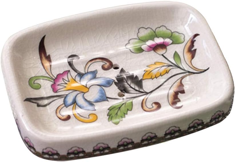 Kelake Ceramic Soap Dish Creative Ice Crack Ceramic Clorful Flower Pattern Soap Dish Holder for Bathroom and Shower Soap Tray Box with Drain Gift for Mum Family
