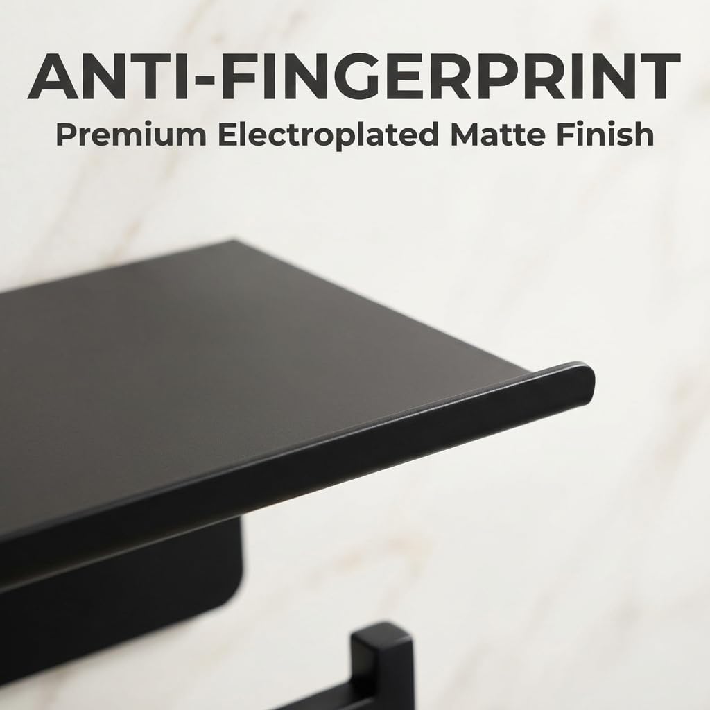 Toilet Paper Holder with Phone Shelf, Matte Black
