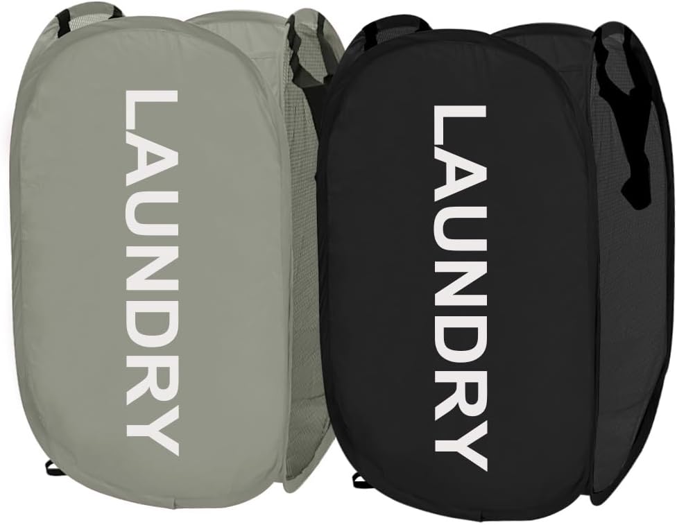Larpur Pop Up Laundry Baskets, 2 Pack Mesh Laundry Hampers Collapsible Clothes Hampers for Home, Dorm, Travel (Black + Gray)