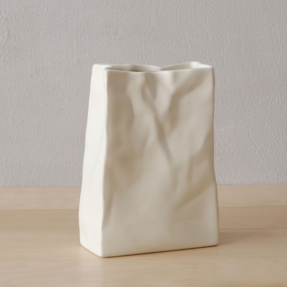WENSHUO Flower Vase, Ceramic Crinkle Paper Bag Vase, 7.87 x 5.7 in, Crème