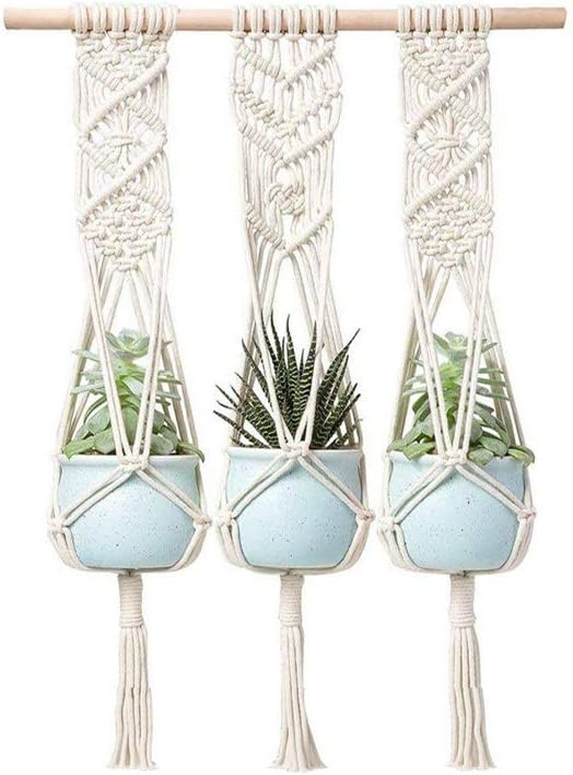 Macrame Plant Hanger with Wooden Dowel Three Tier Wall Hanging Planter Basket for Indoor Outdoor Flower Pot Plant Holder Wall Art Vintage-Inspired Home Boho Decor, Cotton Rope 4 Legs 41 inch