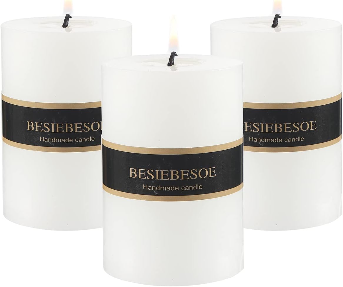 3×4 White Pillar Candles Set of 3 Unscented Handpoured Weddings, Home Decoration, Restaurants, Spa, Church Smokeless Cotton Wick