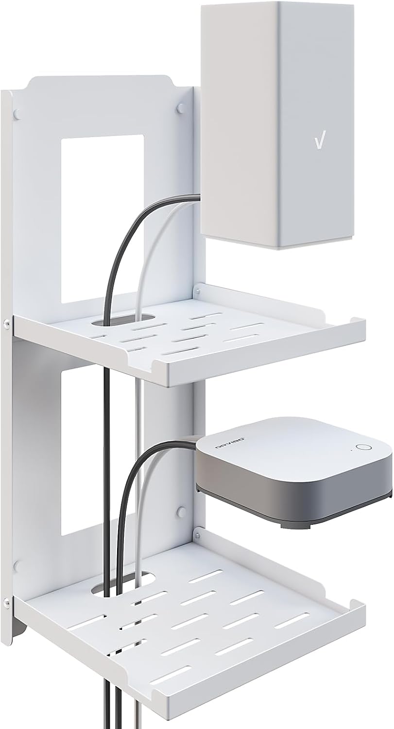 2-Tier Small Router Shelf Wall Mount - 7.5 inch Folding Metal Outlet Shelf w/Cable Holes | Dual-Layer Organizer Holder for WiFi Modem/Echo Dot & Cameras | Folds Up & Stackable (7.5″ Wide)