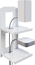 2-Tier Small Router Shelf Wall Mount - 7.5 inch Folding Metal Outlet Shelf w/Cable Holes | Dual-Layer Organizer Holder for WiFi Modem/Echo Dot & Cameras | Folds Up & Stackable (7.5″ Wide)