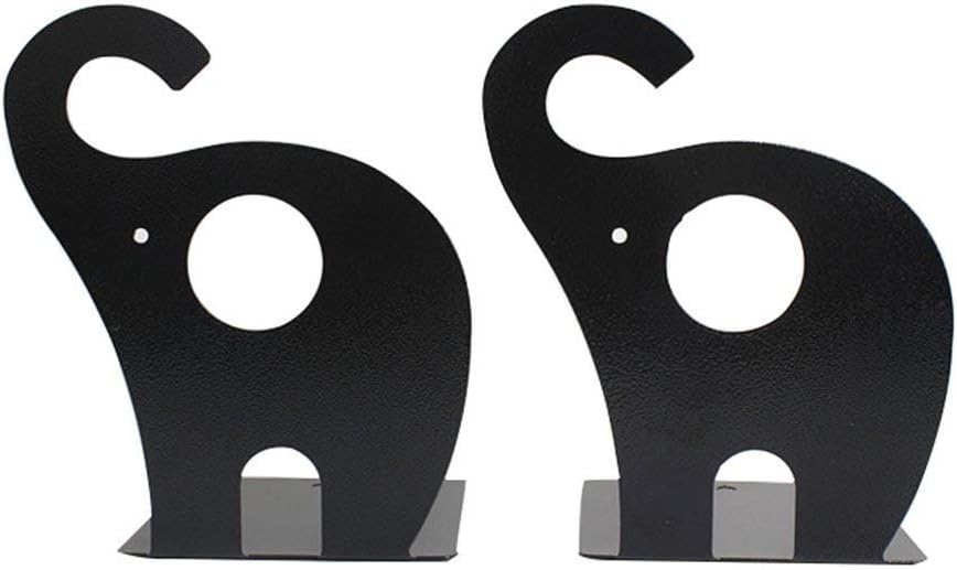 Cartoon Elephant Pattern Book Organizer Cute Metal Bookends for Kids School Library Desk Study Home Office Decoration Gift (Black)