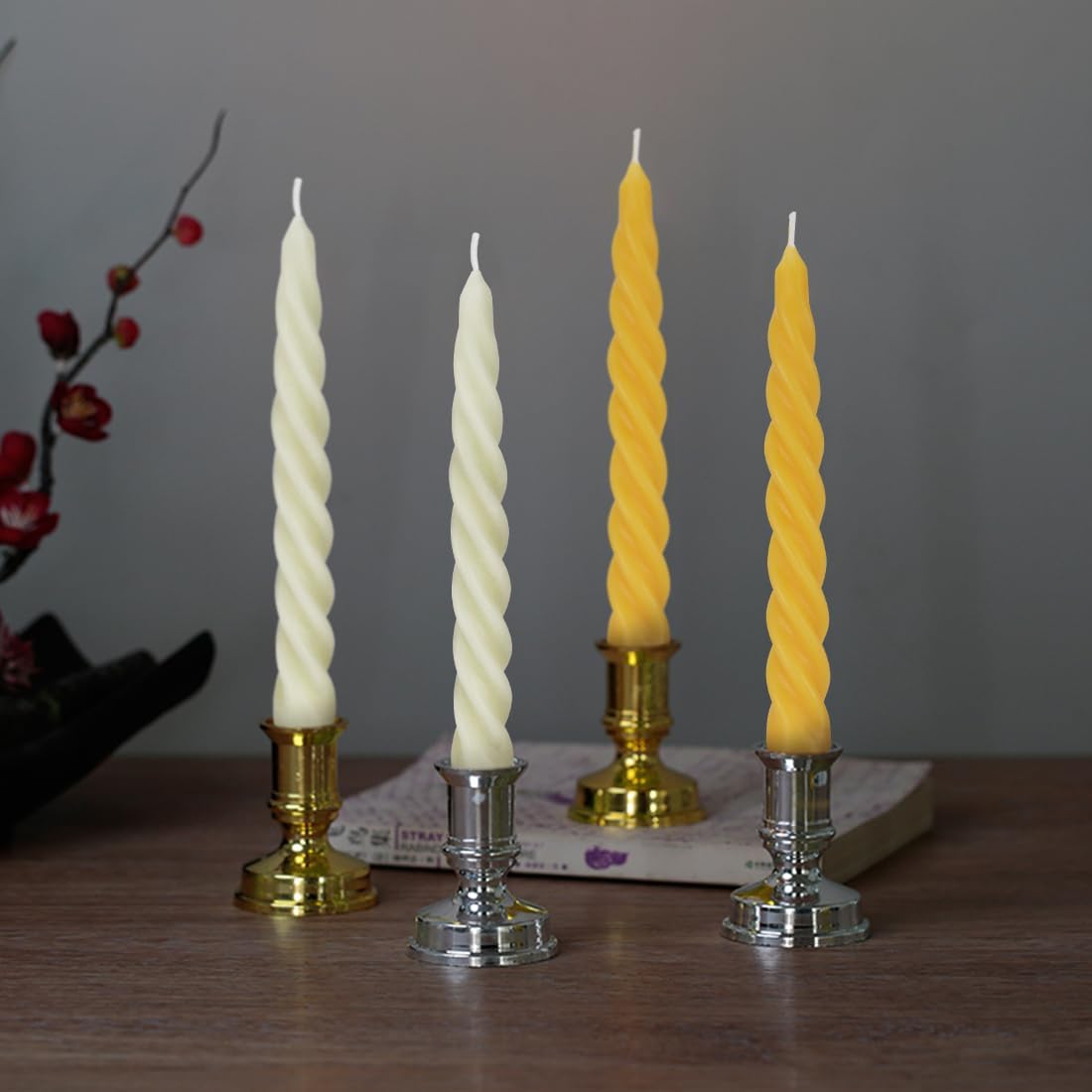 Natural Beeswax Spiral Taper Candles, Pack of 6, 7 Inch Tall- Off White
