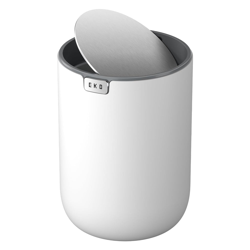 EKO Fandy 0.58 Gal/2.2L Mini Trash Can with Lid, Swing-Top Desktop Trash Can for Bathroom, Countertop, Vanity, Desk or Office, Small Garbage Bin (White)