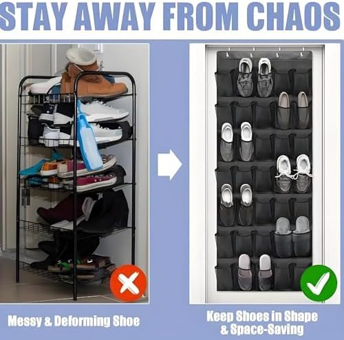 Meolsaek 24 Large Mesh Pockets Over the Door Shoe Organizer, White, Black