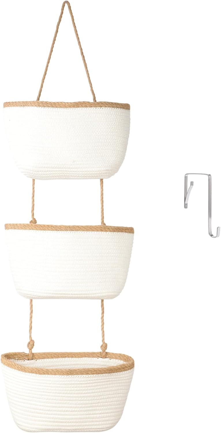 TeoKJ Over the Door Hanging Storage Basket Wall Organizer White&Dark Brown