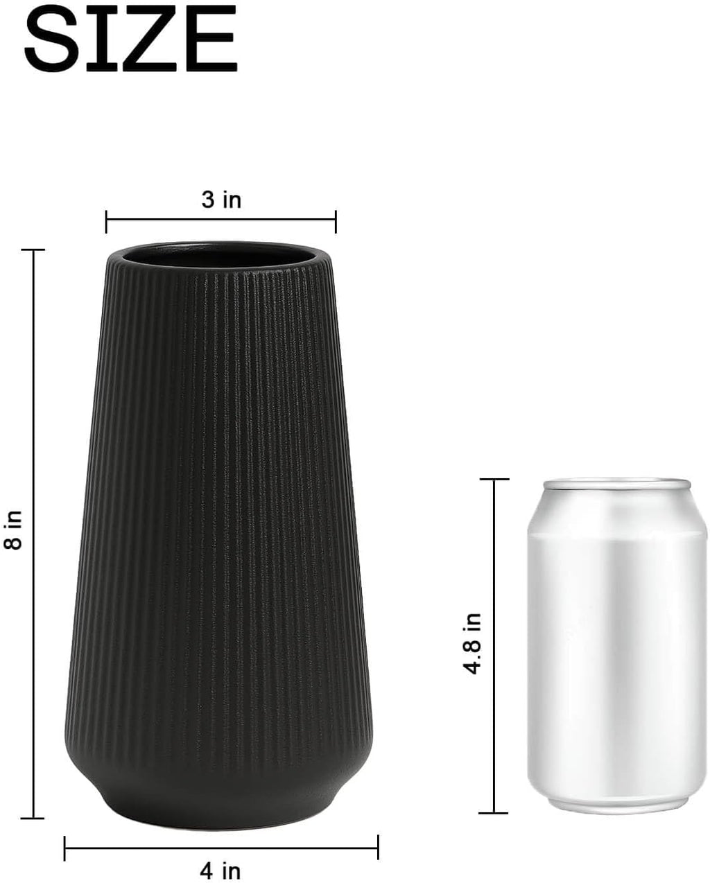 vensovo 8 Inch Glossy Black Ceramic Vase, Ribbed Narrow Neck Flower Vase
